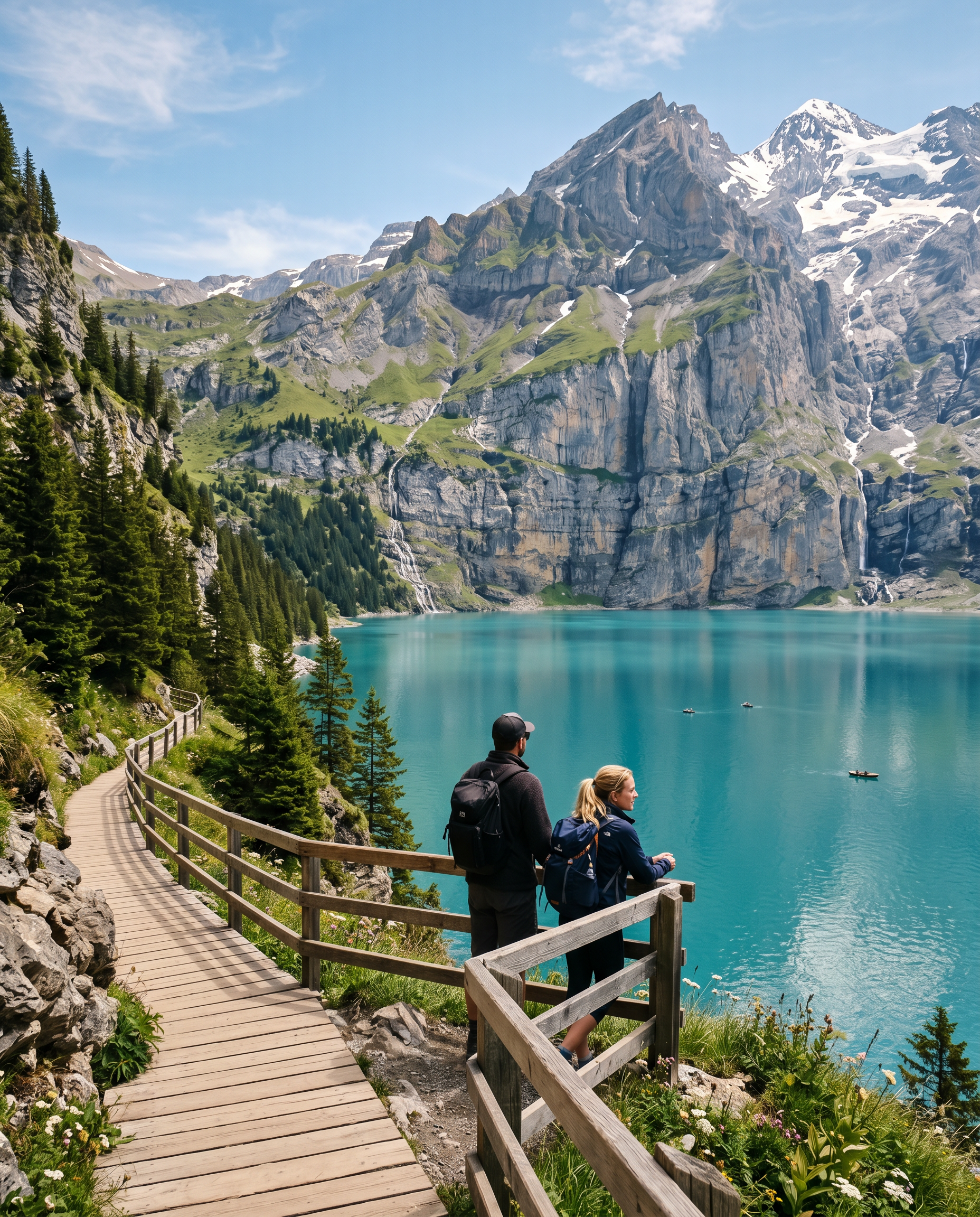 Two hikers on a wooden lakeside path above a turquoise Swiss mountain lake